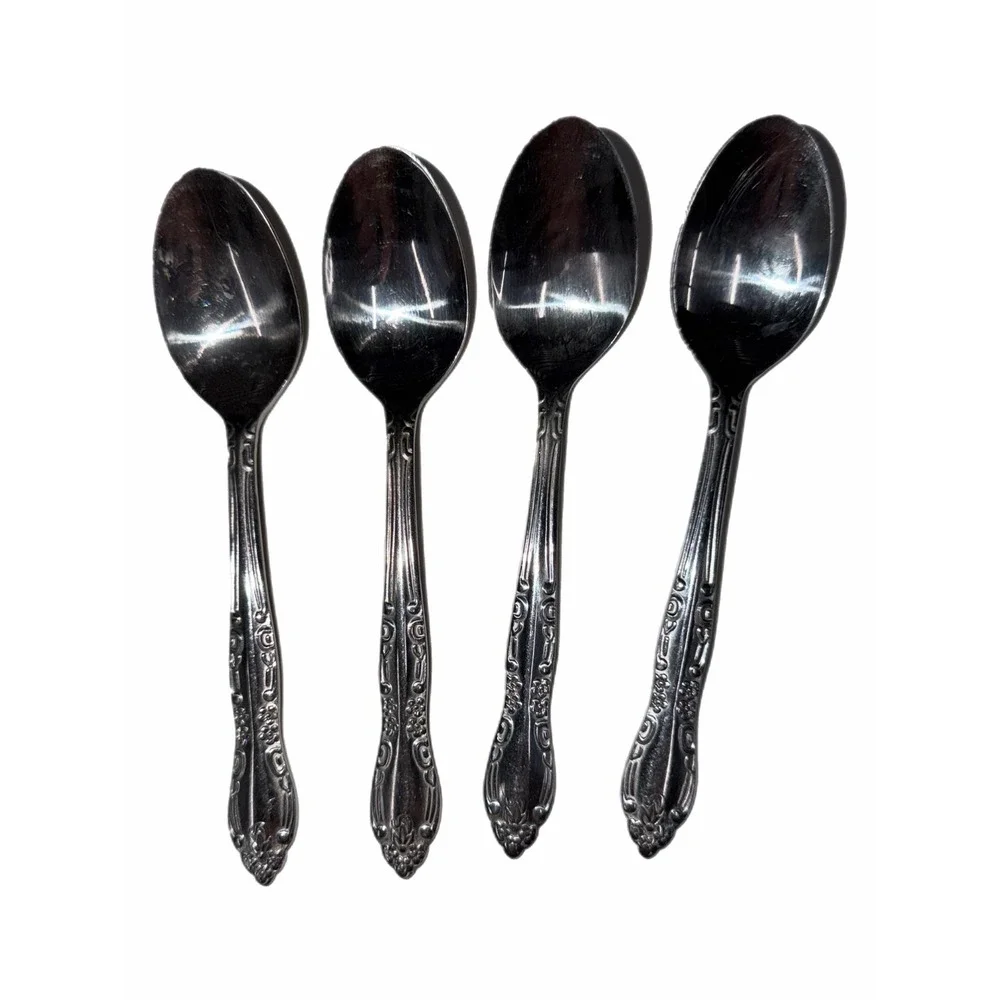 Utica Stainless China Teaspoons Set of 4 Floral Scroll Pattern Flatware Silver